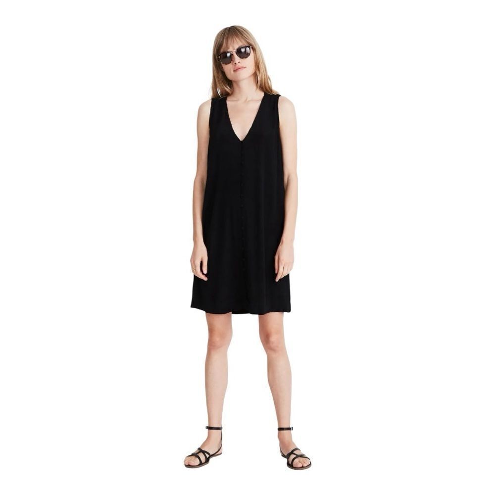 Madewell Black Button Down Viscose  V-Neck Sleeveless Dress Sz M